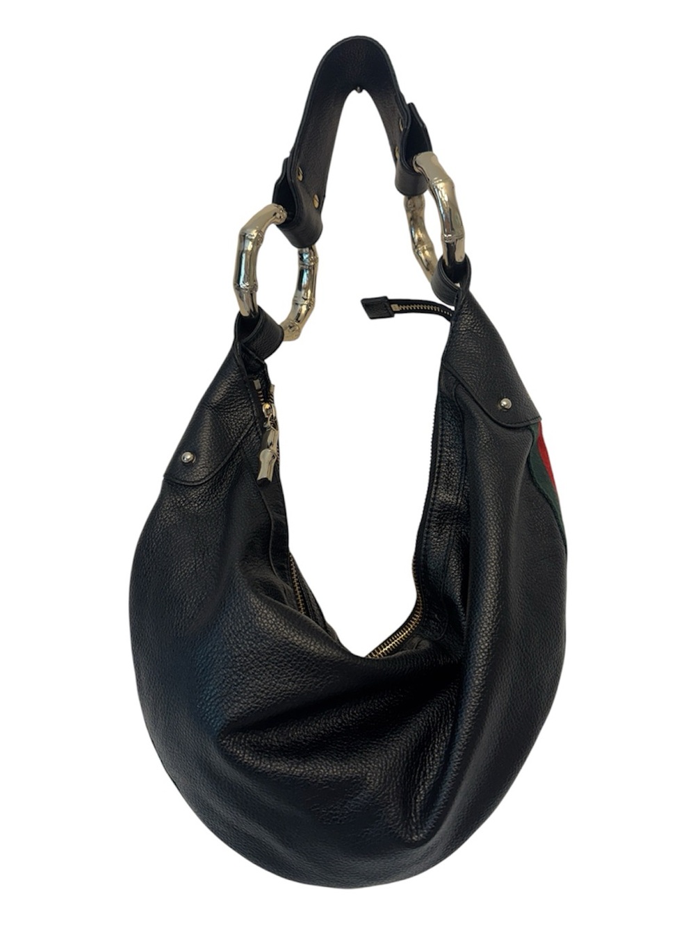 Gucci Black Crescent Bag w/Green & Red Stripe & Gold Bamboo Rings - Picture 4 of 13